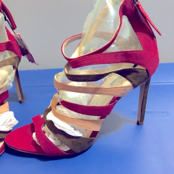 Zara pink tan brown multi suede straps peep toe‎ stiletto heels size 41 new - Picture 1 of 15